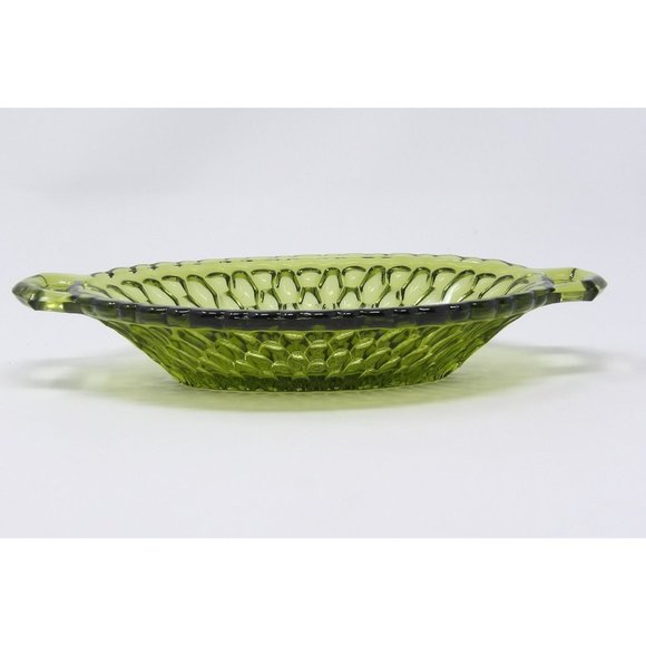 Vintage Indiana Glass Avocado Green Honeycomb Oval 2 Handled Relish Dish Bowl Tr - Picture 3 of 10